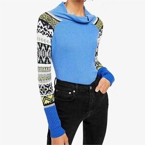 New Free People Prism Swit Blue Sweater Fair Isle Cowl Size Small